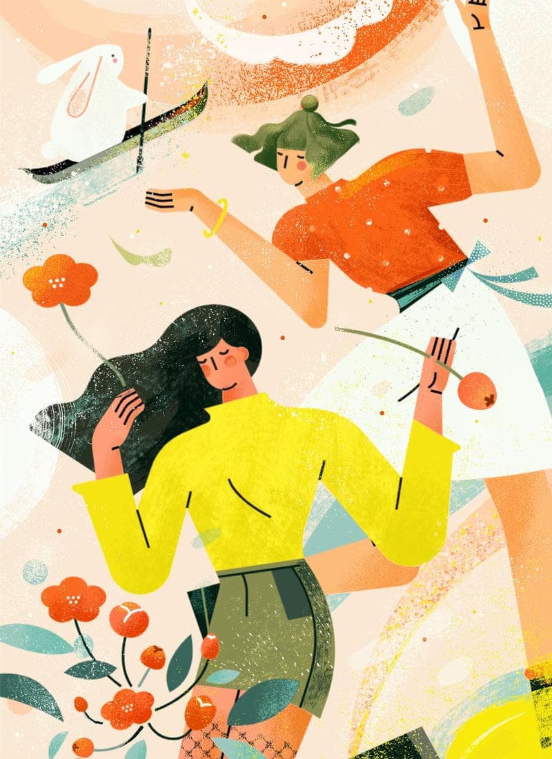 小园素纯手绘扁平风温柔米橙插画作品「花境轻跃」，包含人物、动物、植物元素，可商用