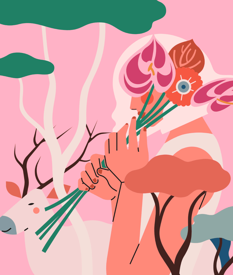 小园素纯手绘扁平风甜粉橘绿插画作品「秘林」，包含肖像、植物、动物元素，可商用
