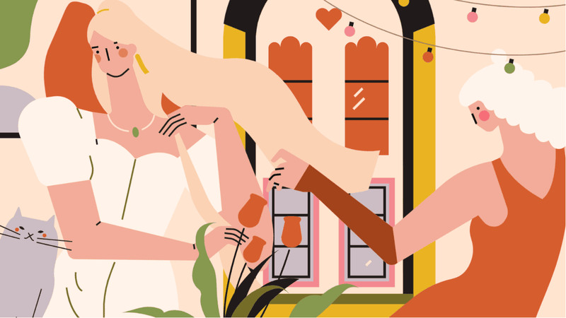 小园素纯手绘扁平风奶咖暖橘插画作品「女孩的微光」，包含人物、建筑、动物、植物元素，可商用