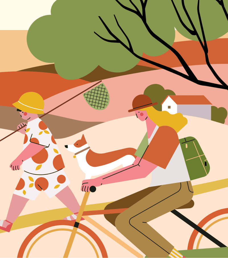 小园素纯手绘扁平风奶咖暖橘插画作品「夏日小遇」，包含风景、人物、儿童、动物、植物元素，可商用