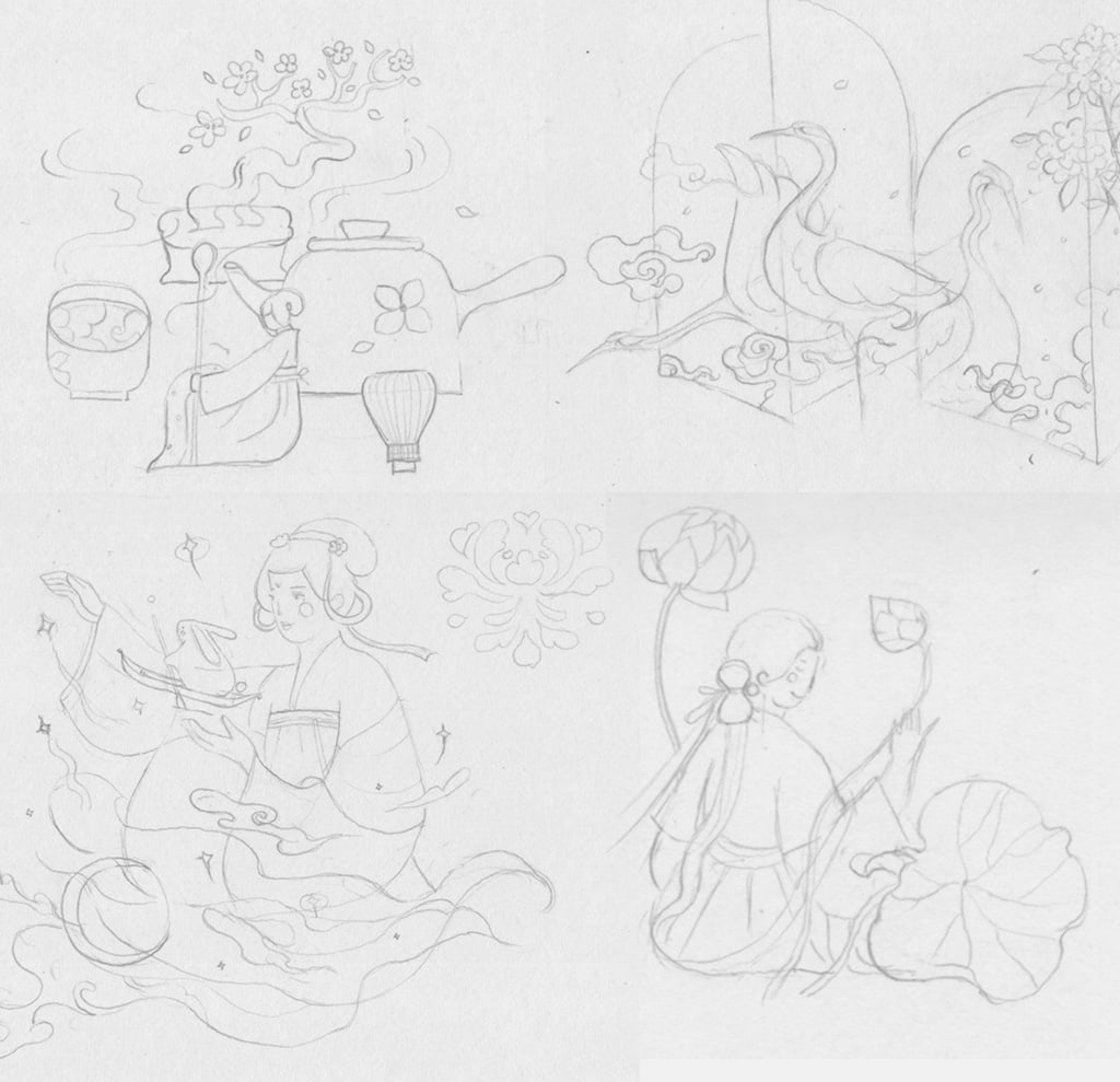 小园素纯手绘扁平风古风插画作品「任天真｜唐诗系列①」，创作草稿线稿，展示完整创作流程与国风原创元素。