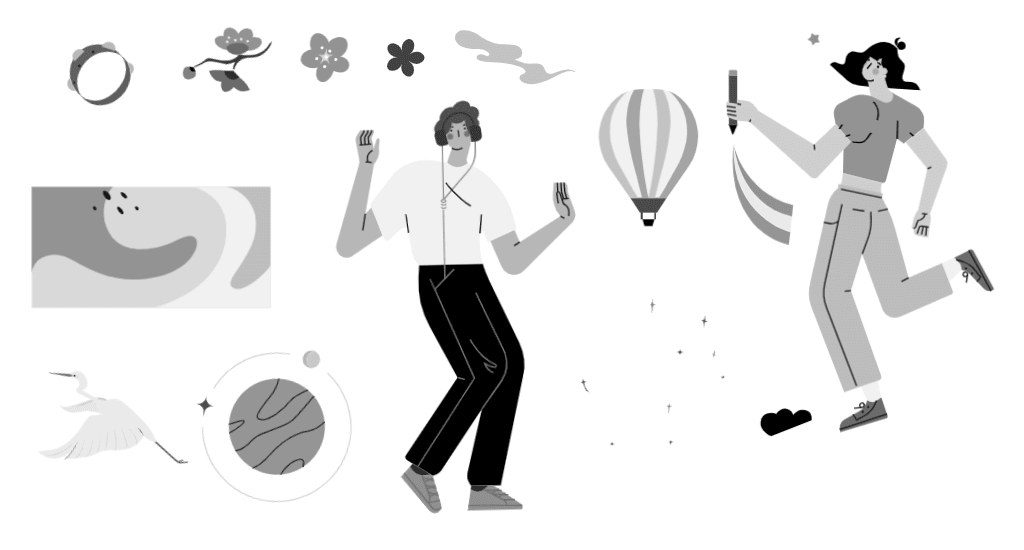 小园素纯手绘扁平风插画「星河闲游」的 SVG 元素展示，均来自小园素素材库，包含人物、动物、器物、装饰图形等元素，可编辑可商用