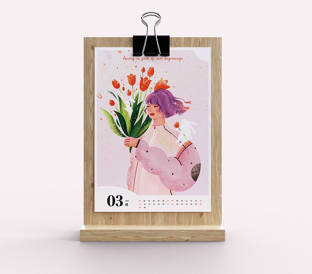小园素纯手绘扁平风日历插画作品「三月」商业应用展示，用于月历插画设计，单张月历展示，可商用
