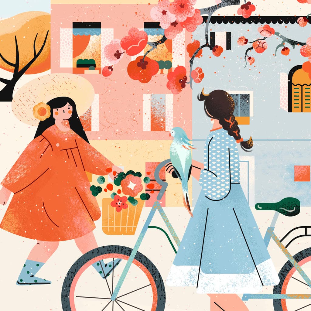 小园素纯手绘扁平风插画「花事・lovely Moment」肌理最终版，画面质感丰富，由春日街巷人物、儿童、动物、植物、建筑相遇场景构成，可编辑可商用