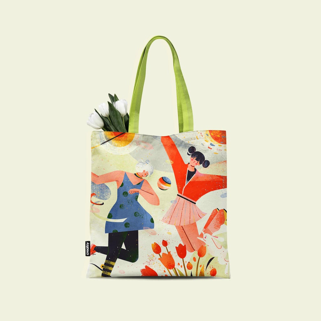 小园素纯手绘扁平风插画「野趣・Blooming Fun」商业应用展示，用于帆布袋插画设计，可商用