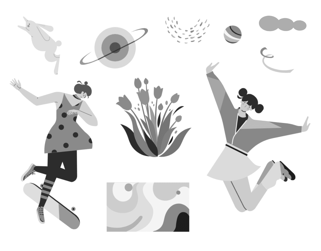 小园素纯手绘扁平风插画「野趣・Blooming Fun」的 SVG 元素展示，均来自小园素素材库，包含运动少女、郁金香、兔子、阳光、星球等元素，可编辑可商用