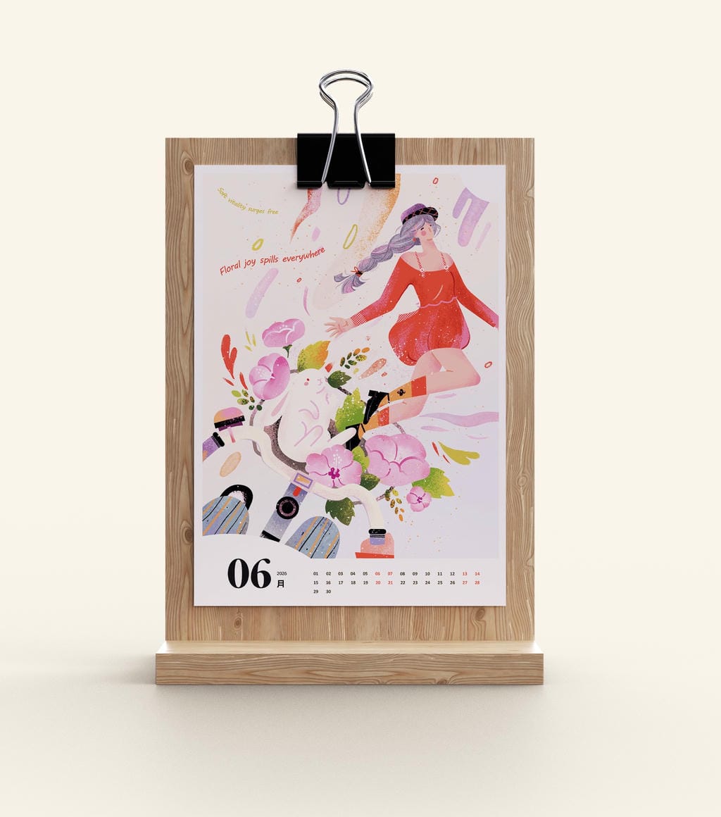 小园素纯手绘扁平风日历插画作品「六月」商业应用场景展示,用于日历插画设计,授权可商用